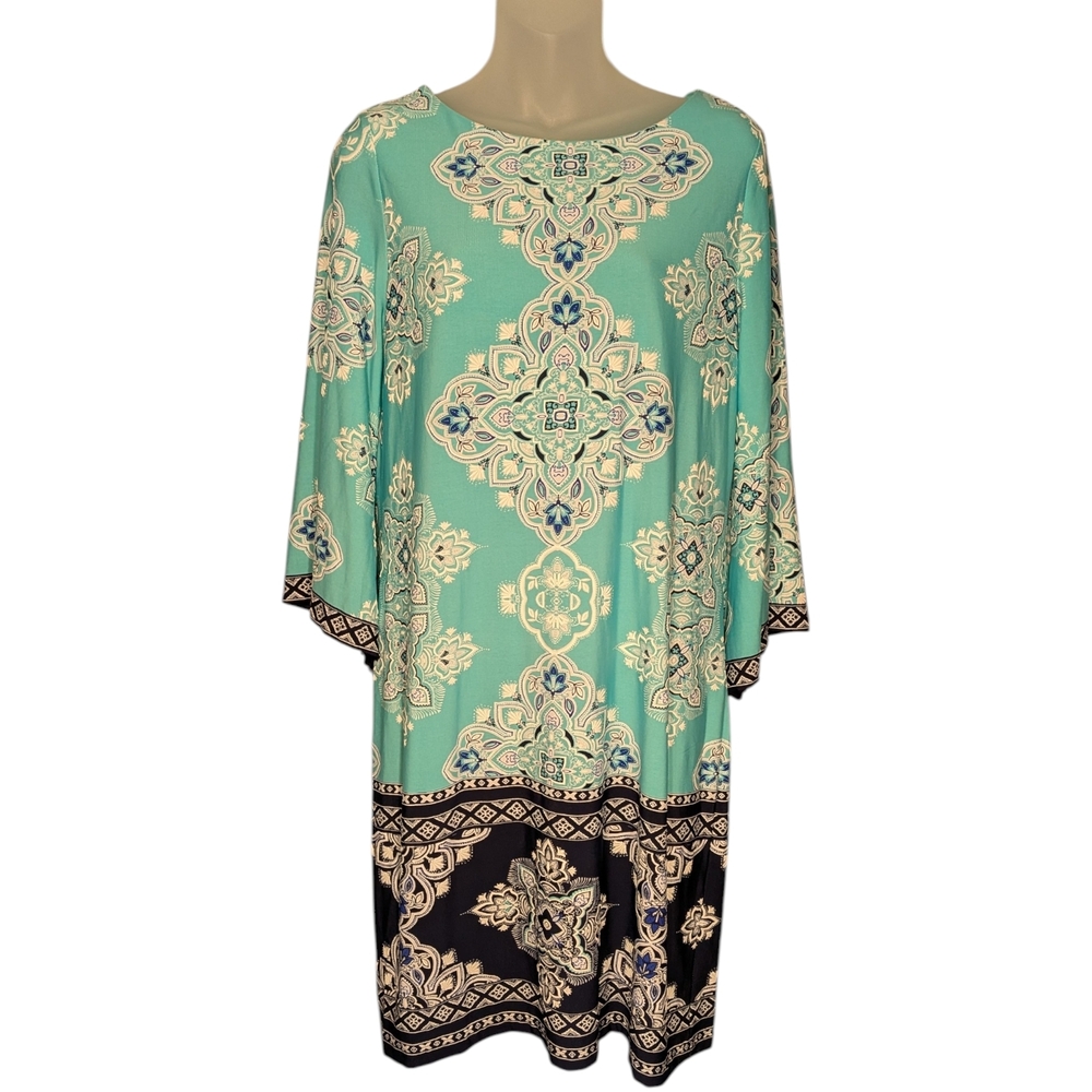Studio One Medium Boho Print Teal Stretch 3/4 Wide Sleeve Spring Dress Church